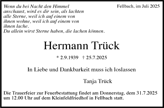 Traueranzeige von Hermann Trück von Stuttgarter Zeitung / Stuttgarter Nachrichten