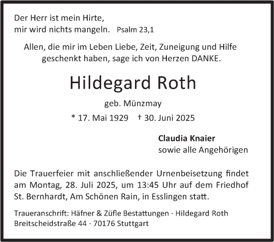 Traueranzeige von Hildegard Roth von Stuttgarter Zeitung / Stuttgarter Nachrichten