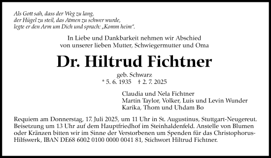 Traueranzeige von Hiltrud Fichtner von Stuttgarter Zeitung / Stuttgarter Nachrichten
