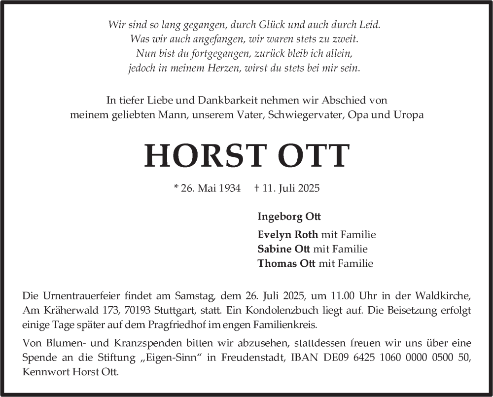  Traueranzeige für Horst Ott vom 19.07.2025 aus Stuttgarter Zeitung / Stuttgarter Nachrichten