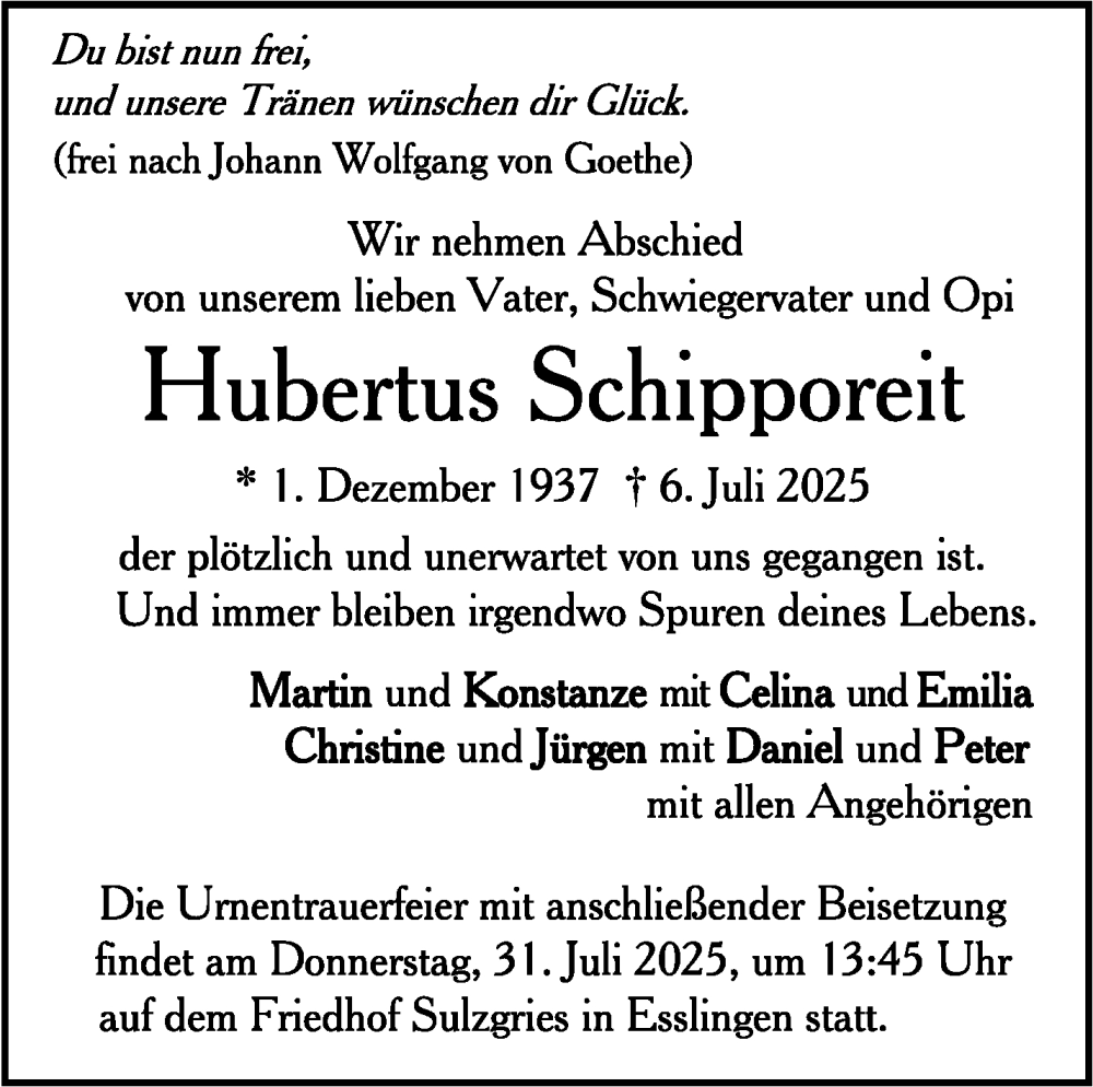  Traueranzeige für Hubertus Schipporeit vom 19.07.2025 aus Stuttgarter Zeitung / Stuttgarter Nachrichten