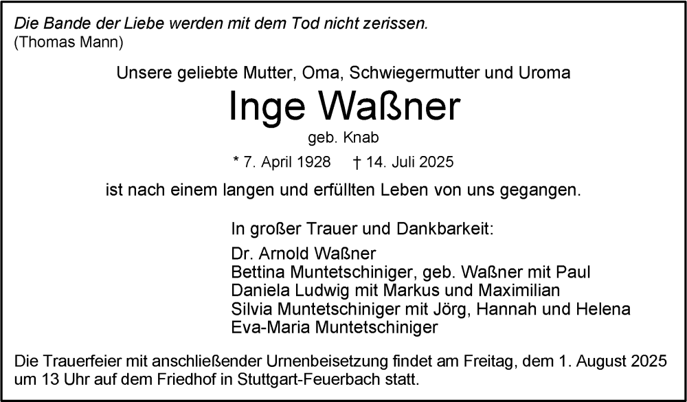  Traueranzeige für Inge Waßner vom 24.07.2025 aus Stuttgarter Zeitung / Stuttgarter Nachrichten