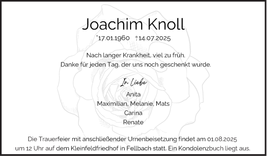 Traueranzeige von Joachim Knoll von Stuttgarter Zeitung / Stuttgarter Nachrichten