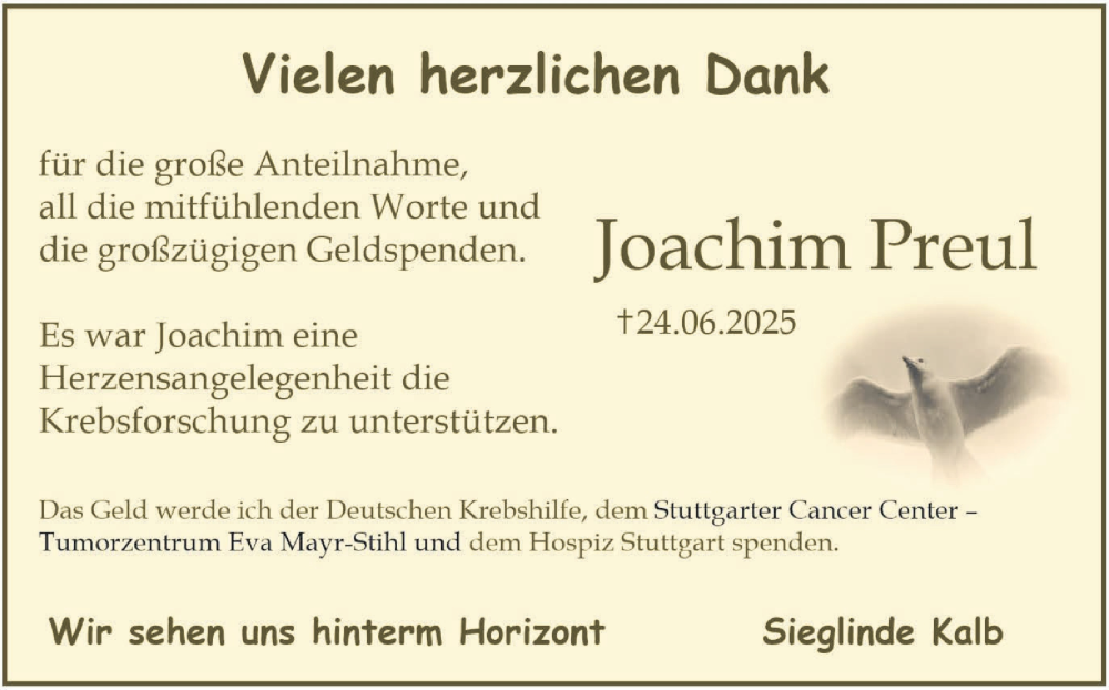  Traueranzeige für Joachim Preul vom 24.07.2025 aus Stuttgarter Zeitung / Stuttgarter Nachrichten