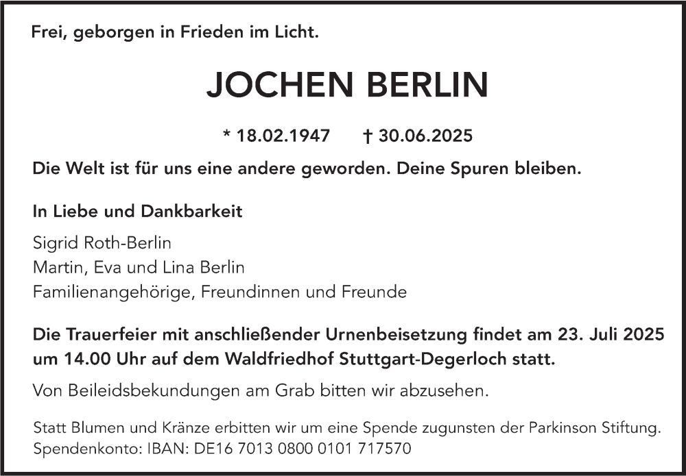  Traueranzeige für Jochen Berlin vom 12.07.2025 aus Stuttgarter Zeitung / Stuttgarter Nachrichten