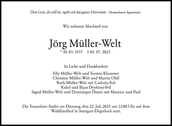 Traueranzeige von Jörg Müller-Welt von Stuttgarter Zeitung / Stuttgarter Nachrichten