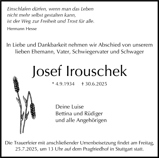 Traueranzeige von Josef Irouschek von Stuttgarter Zeitung / Stuttgarter Nachrichten