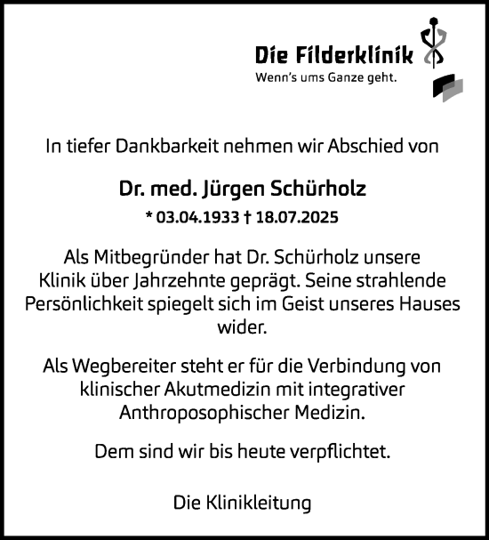 Traueranzeige von Jürgen Schürholz von Stuttgarter Zeitung / Stuttgarter Nachrichten