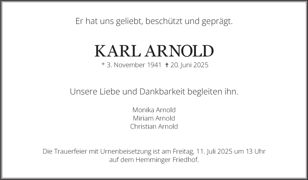  Traueranzeige für Karl Arnold vom 03.07.2025 aus Stuttgarter Zeitung / Stuttgarter Nachrichten