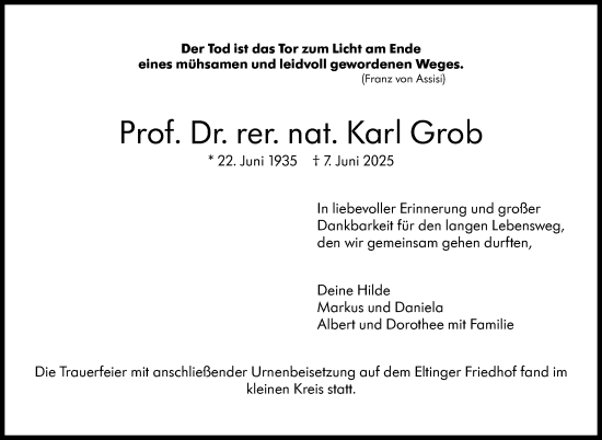 Traueranzeige von Karl Grob von Stuttgarter Zeitung / Stuttgarter Nachrichten