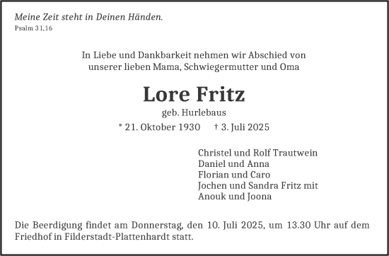 Traueranzeige von Lore Fritz von Stuttgarter Zeitung / Stuttgarter Nachrichten