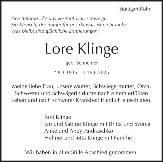 Traueranzeige von Lore Klinge von Stuttgarter Zeitung / Stuttgarter Nachrichten