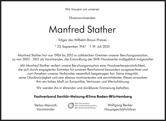 Traueranzeige von Manfred Stather von Stuttgarter Zeitung / Stuttgarter Nachrichten