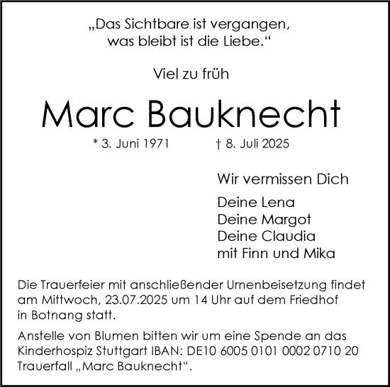 Traueranzeige von Marc Bauknecht von Stuttgarter Zeitung / Stuttgarter Nachrichten