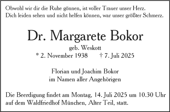 Traueranzeige von Margarete Bokor von Stuttgarter Zeitung / Stuttgarter Nachrichten