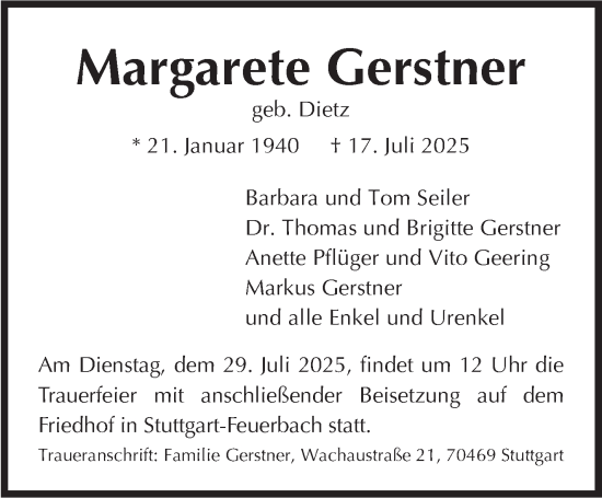 Traueranzeige von Margarete Gerstner von Stuttgarter Zeitung / Stuttgarter Nachrichten
