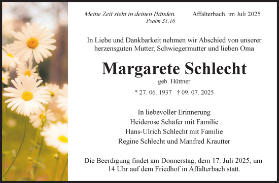 Traueranzeige von Margarete Schlecht von Stuttgarter Zeitung / Stuttgarter Nachrichten