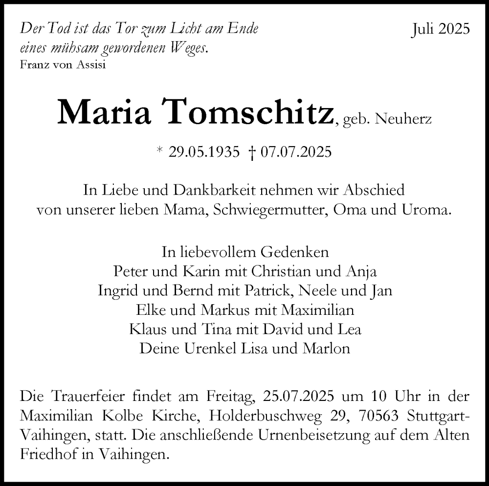  Traueranzeige für Maria Tomschitz vom 19.07.2025 aus Stuttgarter Zeitung / Stuttgarter Nachrichten