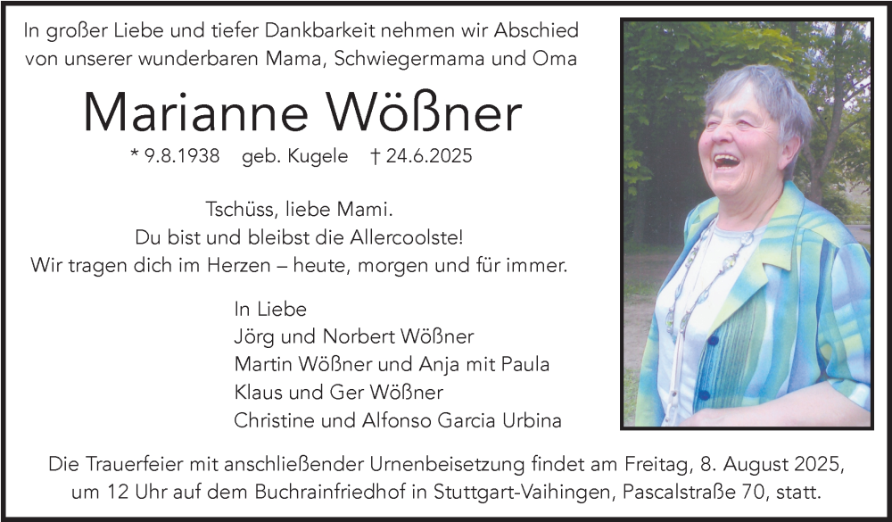  Traueranzeige für Marianne Wößner vom 05.07.2025 aus Stuttgarter Zeitung / Stuttgarter Nachrichten