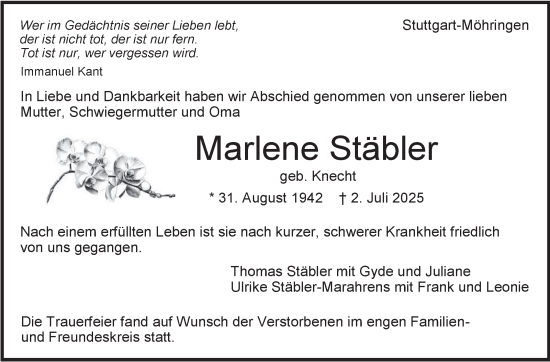 Traueranzeige von Marlene Stäbler von Stuttgarter Zeitung / Stuttgarter Nachrichten