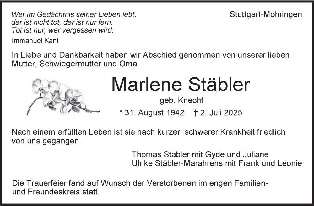  Traueranzeige für Marlene Stäbler vom 18.07.2025 aus Stuttgarter Zeitung / Stuttgarter Nachrichten