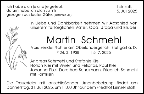 Traueranzeige von Martin Schmehl von Stuttgarter Zeitung / Stuttgarter Nachrichten
