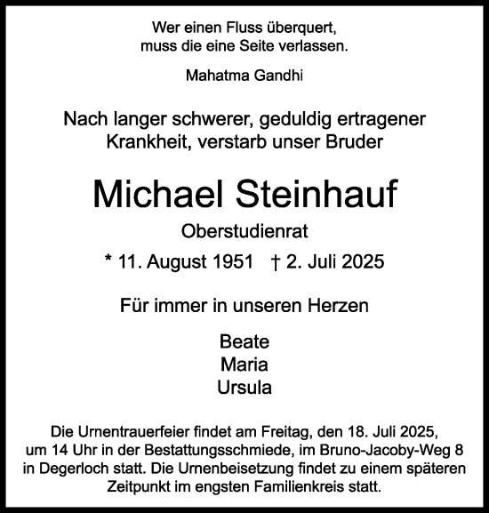 Traueranzeige von Michael Steinhauf von Stuttgarter Zeitung / Stuttgarter Nachrichten