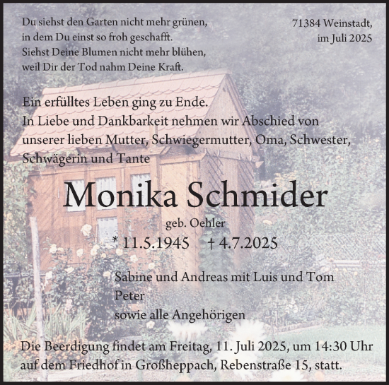 Traueranzeige von Monika Schmider von Stuttgarter Zeitung / Stuttgarter Nachrichten