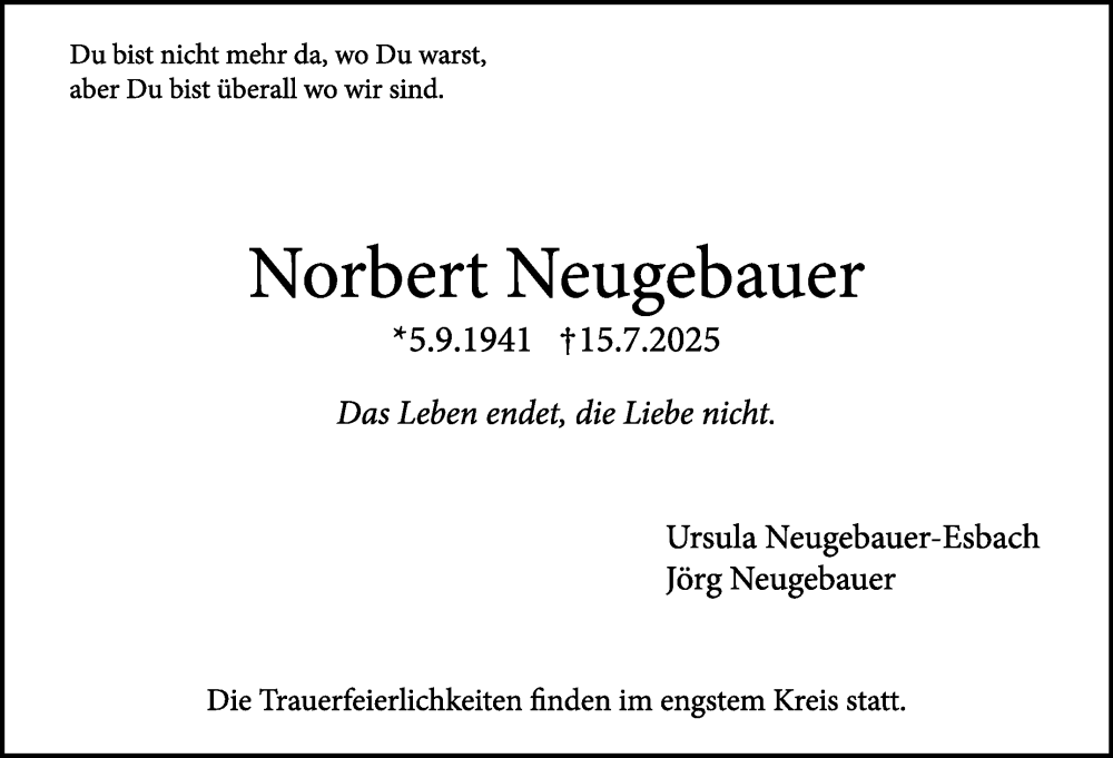  Traueranzeige für Norbert Neugebauer vom 24.07.2025 aus Stuttgarter Zeitung / Stuttgarter Nachrichten
