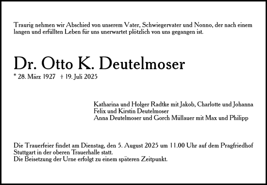 Traueranzeige von Otto K. Deutelmoser von Stuttgarter Zeitung / Stuttgarter Nachrichten