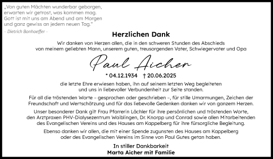 Traueranzeige von Paul Aicher von Stuttgarter Zeitung / Stuttgarter Nachrichten