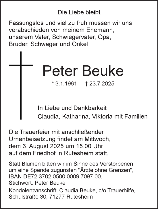 Traueranzeige von Peter Beuke von Stuttgarter Zeitung / Stuttgarter Nachrichten
