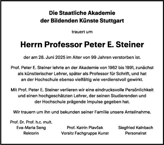 Traueranzeige von Peter E. Steiner von Stuttgarter Zeitung / Stuttgarter Nachrichten