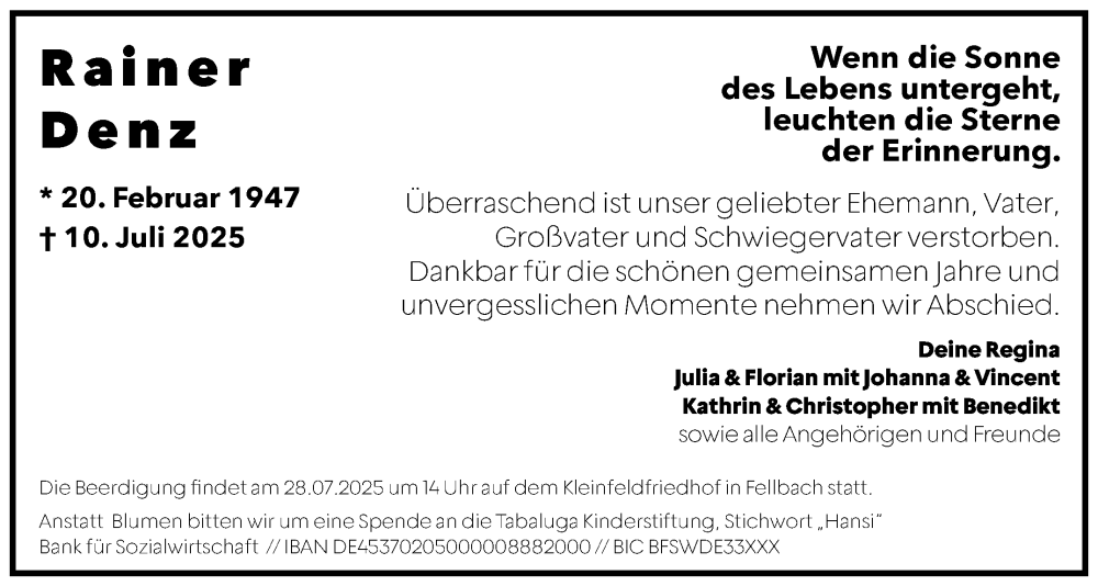  Traueranzeige für Rainer Denz vom 19.07.2025 aus Stuttgarter Zeitung / Stuttgarter Nachrichten
