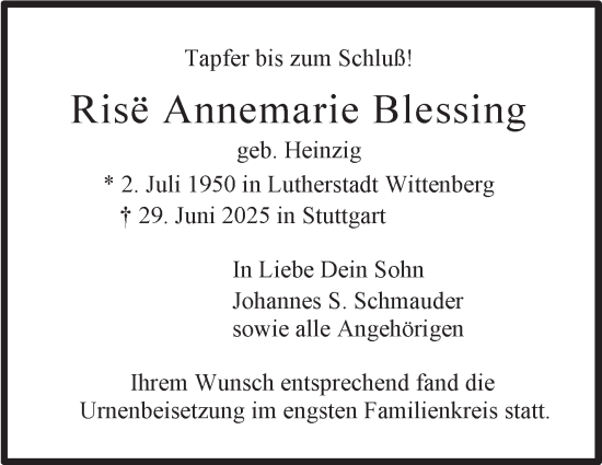 Traueranzeige von Rise Annemarie Blessing von Stuttgarter Zeitung / Stuttgarter Nachrichten