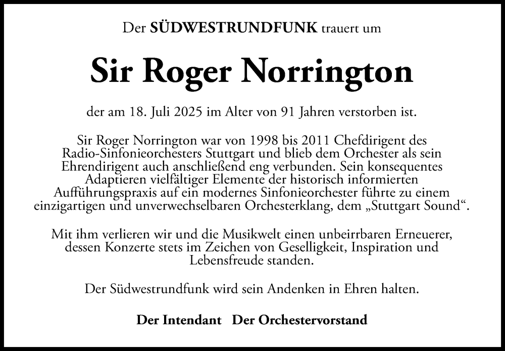  Traueranzeige für Roger Norrington vom 28.07.2025 aus Stuttgarter Zeitung / Stuttgarter Nachrichten