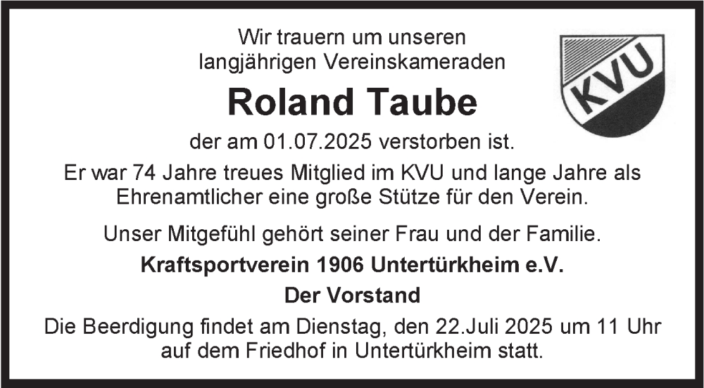  Traueranzeige für Roland Taube vom 16.07.2025 aus Stuttgarter Zeitung / Stuttgarter Nachrichten