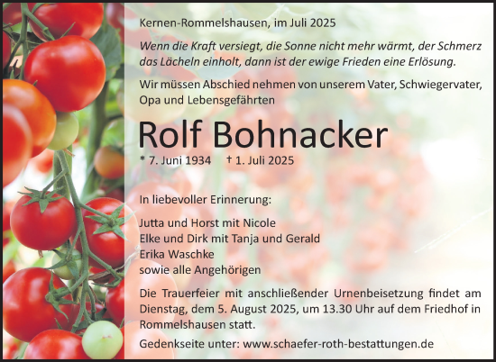 Traueranzeige von Rolf Bohnacker von Stuttgarter Zeitung / Stuttgarter Nachrichten