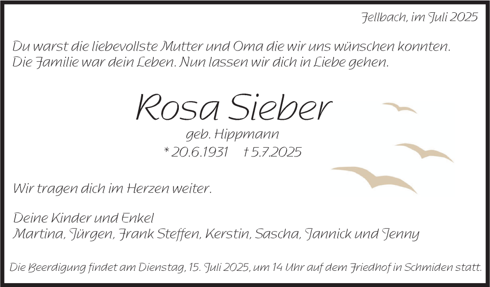  Traueranzeige für Rosa Sieber vom 11.07.2025 aus Stuttgarter Zeitung / Stuttgarter Nachrichten