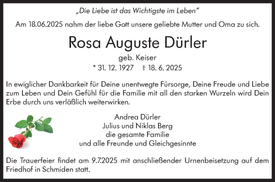 Traueranzeige von Rosa Auguste Dürler von Stuttgarter Zeitung / Stuttgarter Nachrichten