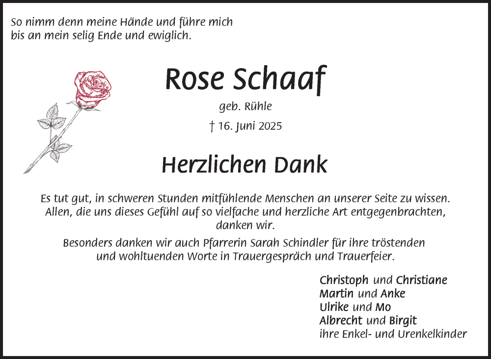  Traueranzeige für Rose Schaaf vom 21.07.2025 aus Stuttgarter Zeitung / Stuttgarter Nachrichten