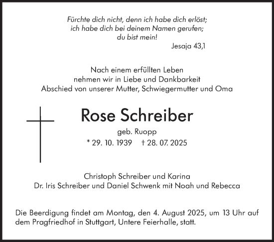 Traueranzeige von Rose Schreiber von Stuttgarter Zeitung / Stuttgarter Nachrichten