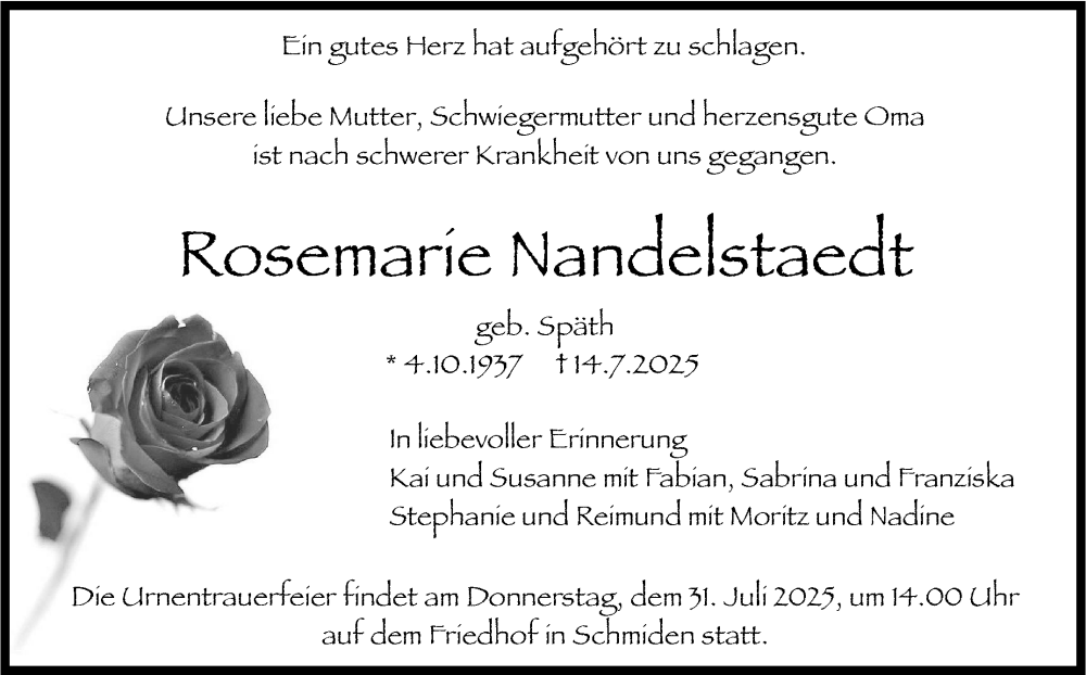  Traueranzeige für Rosemarie Nandelstaedt vom 28.07.2025 aus Stuttgarter Zeitung / Stuttgarter Nachrichten
