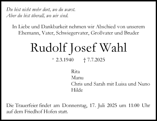 Traueranzeige von Rudolf Josef Wahl von Stuttgarter Zeitung / Stuttgarter Nachrichten