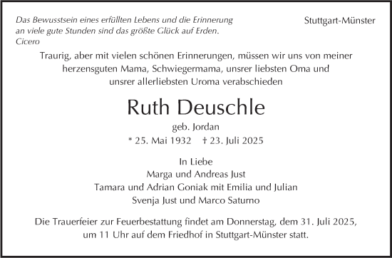 Traueranzeige von Ruth Deuschle von Stuttgarter Zeitung / Stuttgarter Nachrichten