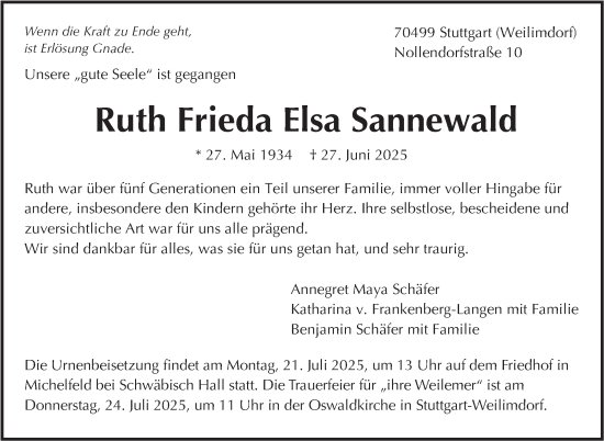 Traueranzeige von Ruth Frieda Elsa Sannewald von Stuttgarter Zeitung / Stuttgarter Nachrichten