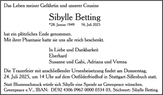 Traueranzeige von Sibylle Betting von Stuttgarter Zeitung / Stuttgarter Nachrichten