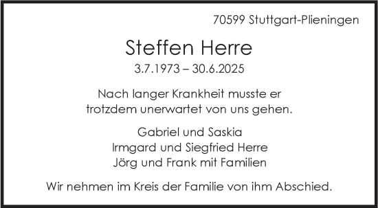 Traueranzeige von Steffen Herre von Stuttgarter Zeitung / Stuttgarter Nachrichten