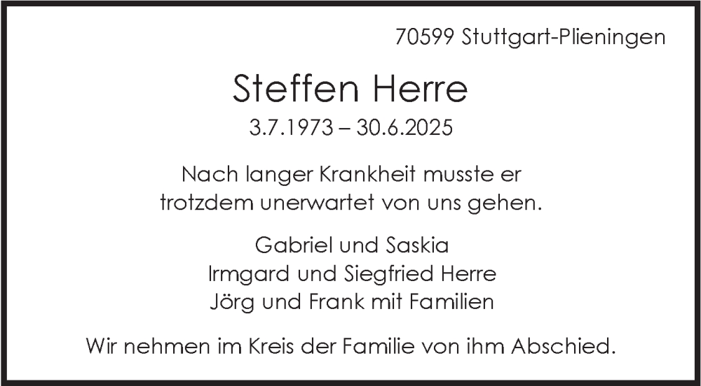  Traueranzeige für Steffen Herre vom 12.07.2025 aus Stuttgarter Zeitung / Stuttgarter Nachrichten
