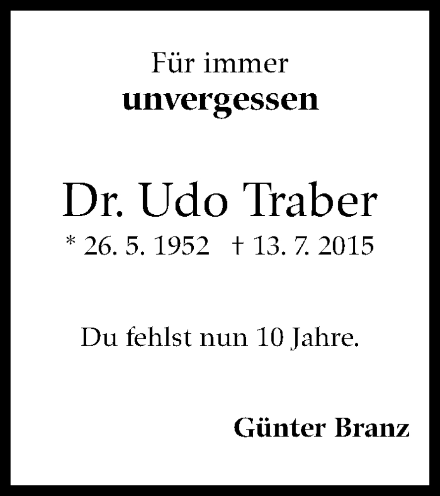  Traueranzeige für Udo Traber vom 12.07.2025 aus Stuttgarter Zeitung / Stuttgarter Nachrichten